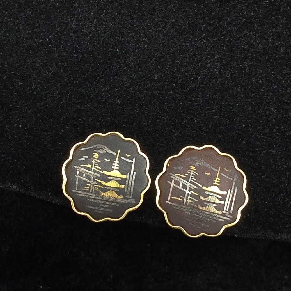 Amita Japan Damascene Screw Back Earrings Vintage Black Matte Enamel
